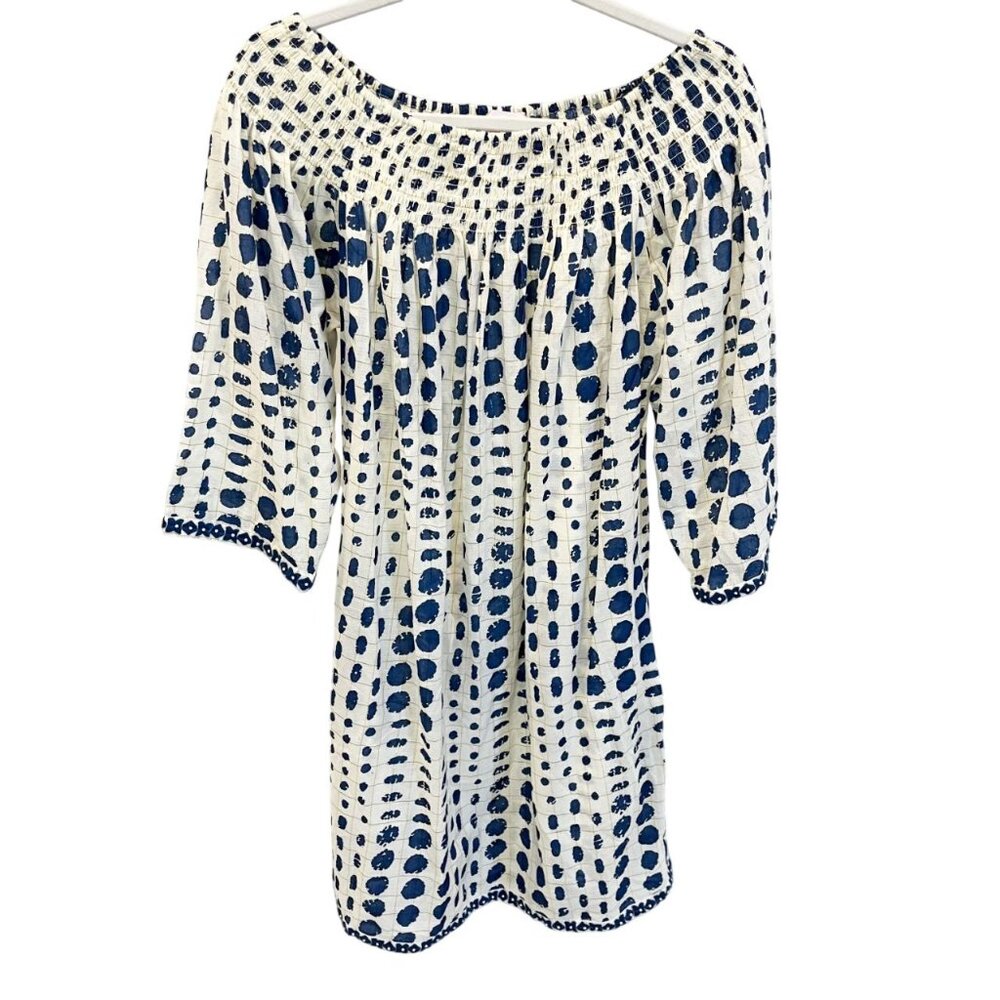 Nimo with Love Cream & Navy Blue Artsy Polka Dot Dress Resort Vacation SMALL
